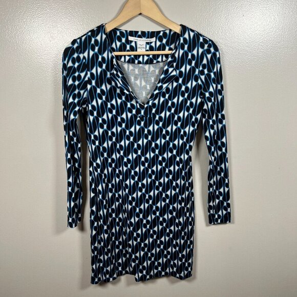 DVF Diane Von Furstenberg Reina Dress Size 2 Silk Blue Black Long Sleeve Shift - Picture 1 of 9
